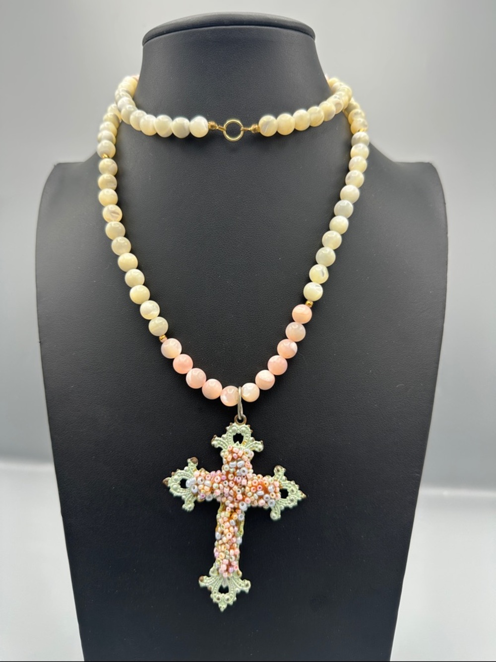 Stone Beaded Cross Pendant Necklace in Cream and Pink